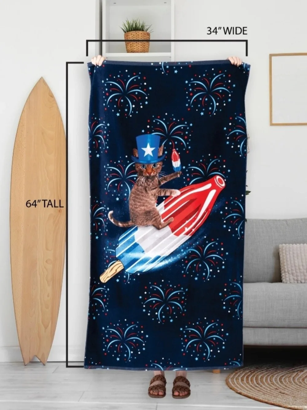 Patriotic Cat Rocket Beach Towel - Blue Red White